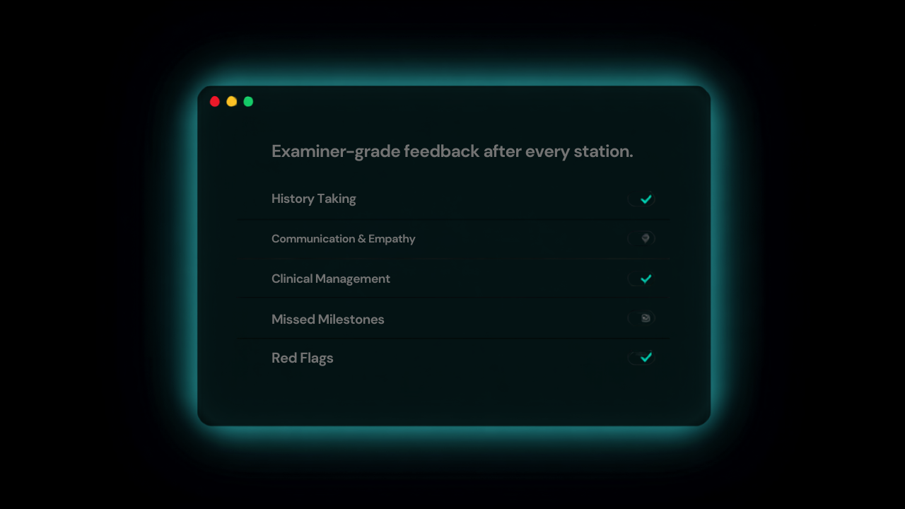 Examiner-grade feedback report screen, shown after every station